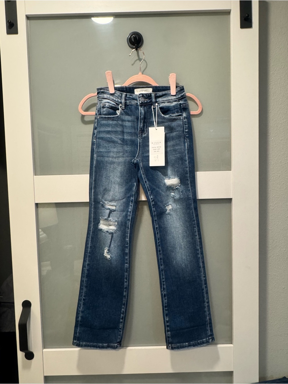 Women's Straight Leg Distressed Dark Blue Jeans - Size 0